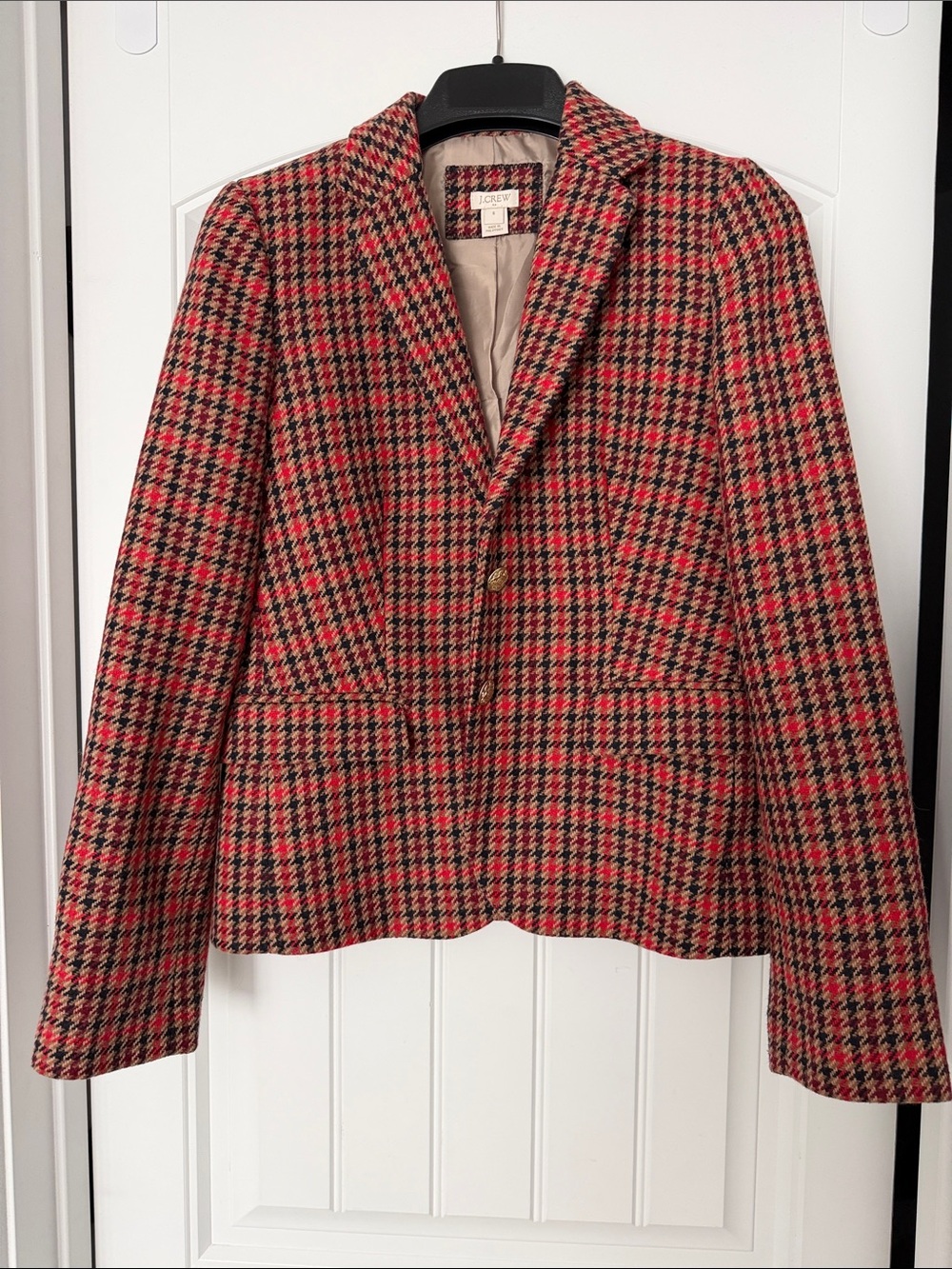 J. Crew Factory Red and Black Houndstooth Wool Blazer